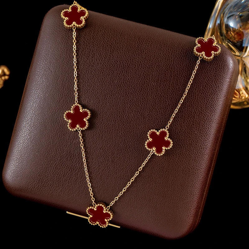GANEMLY 316L Stainless Steel 4-Color Five-Leaf Clover Jewelry Set – Necklace, Bracelet, and Earrings for Women