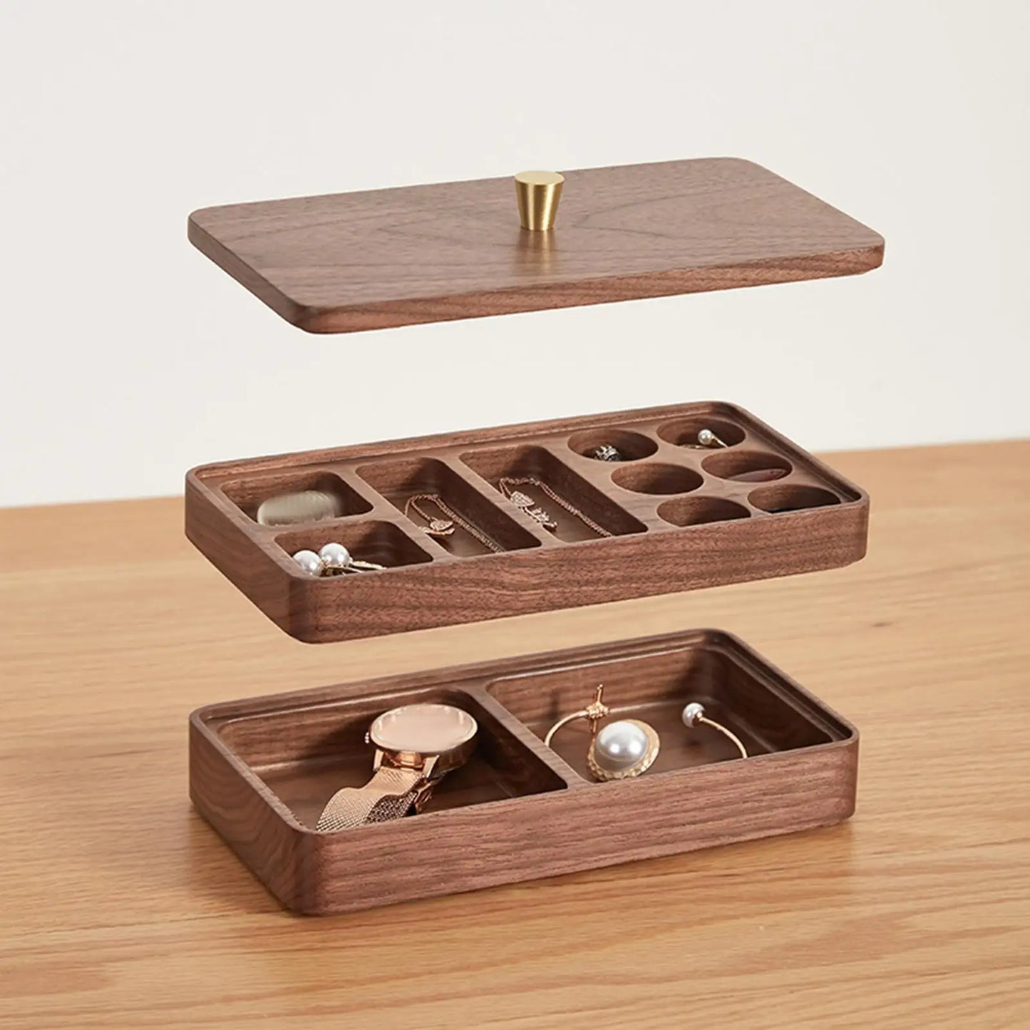 Wooden 2-Tier Jewelry Organizer – Smooth Solid Wood Storage Box for Women’s Earrings, Necklaces, and Watches