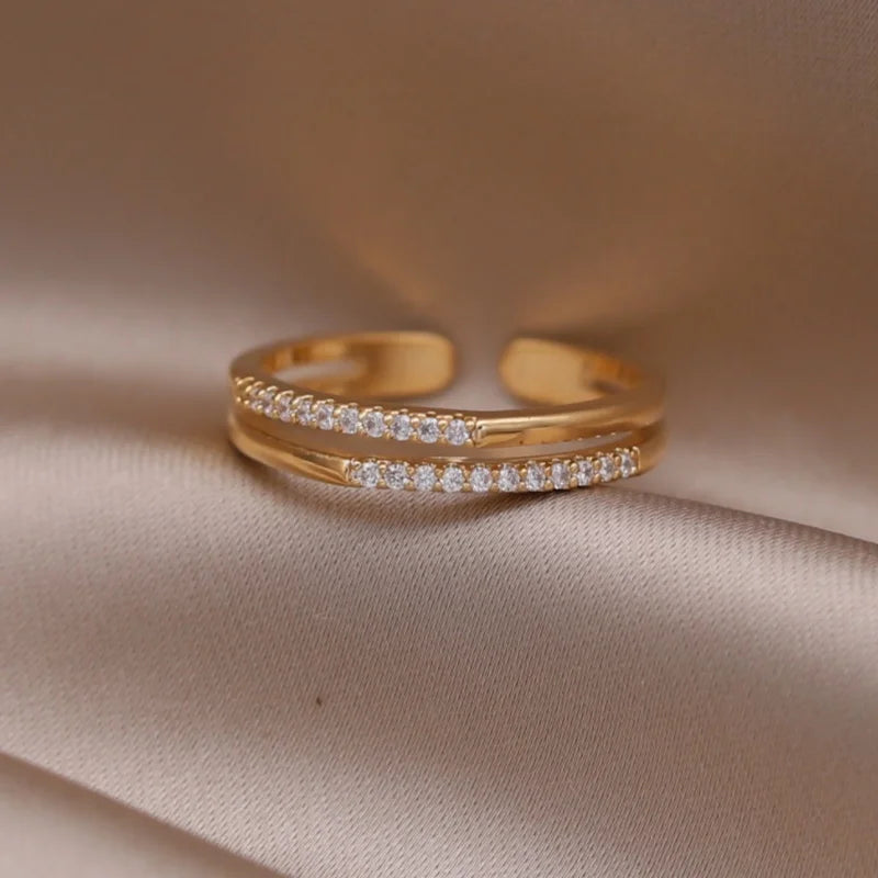 Gold plated simple double love crystal ring elegant women's daily opening ring accessories