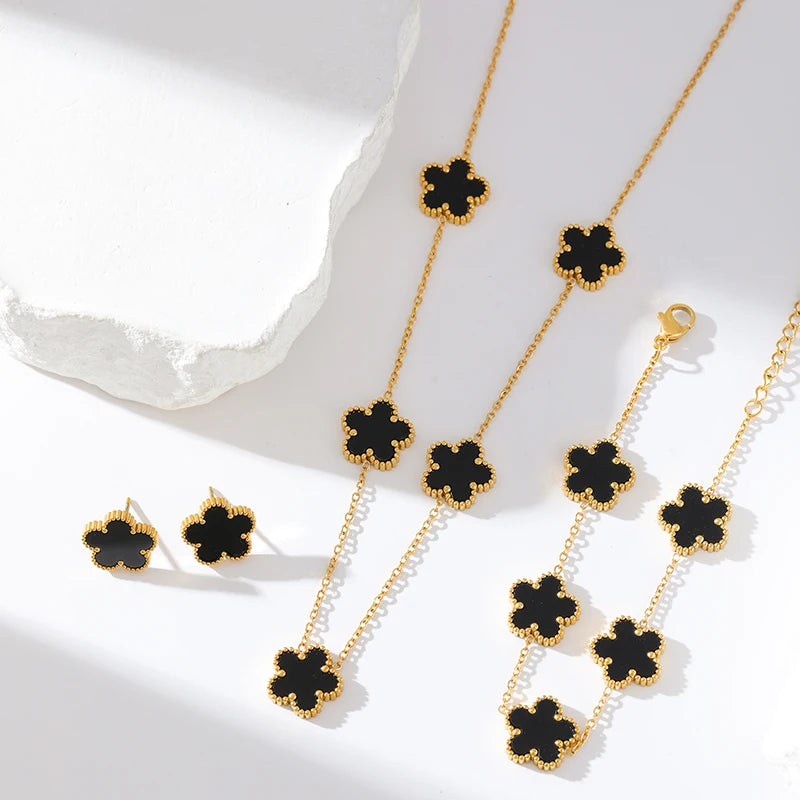 GANEMLY 316L Stainless Steel 4-Color Five-Leaf Clover Jewelry Set – Necklace, Bracelet, and Earrings for Women