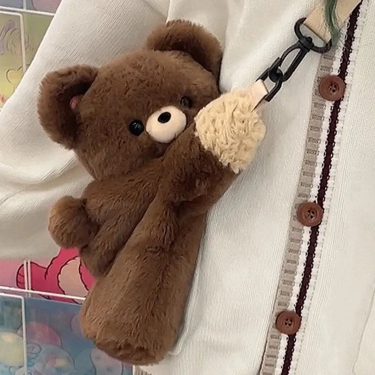 Cute Little Brown Bear Shoulder Bag – Plush Cartoon Doll Backpack for Girls
