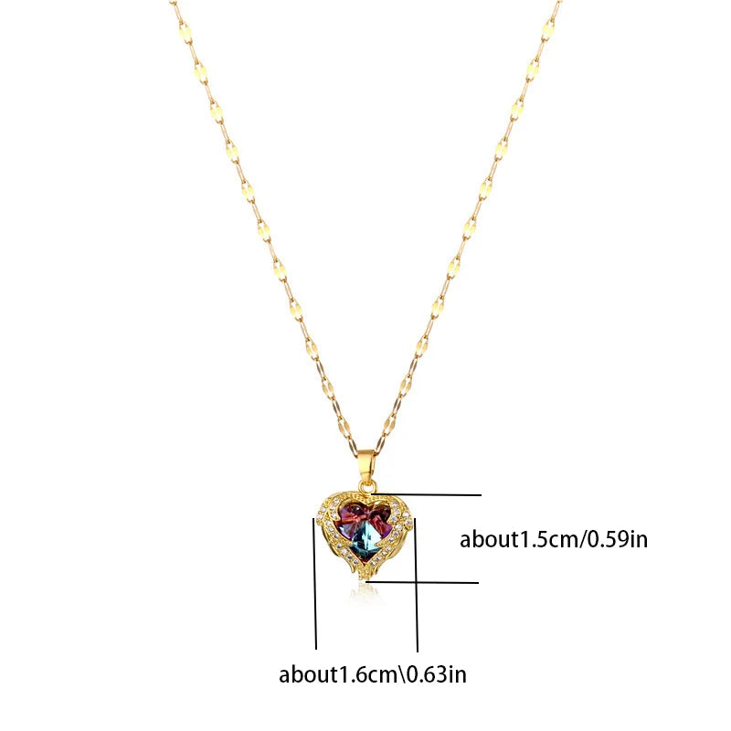 Luxury Colorful Crystal Ocean Heart Pendant Necklace – Trendy 316L Stainless Steel Jewelry for Women