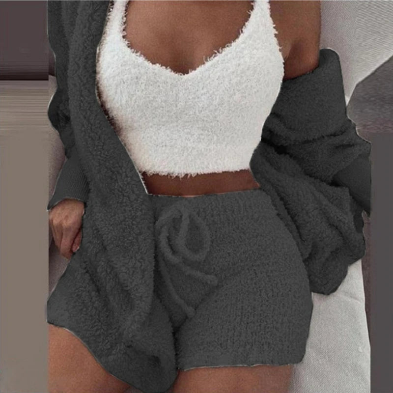 Fluffy Pajamas Set for Women – 3-Piece Winter Lounge Set with Tank Top, Shorts, and Hoodie
