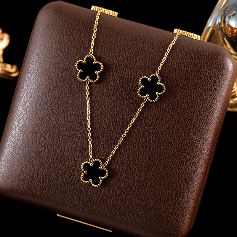 GANEMLY 316L Stainless Steel 4-Color Five-Leaf Clover Jewelry Set – Necklace, Bracelet, and Earrings for Women