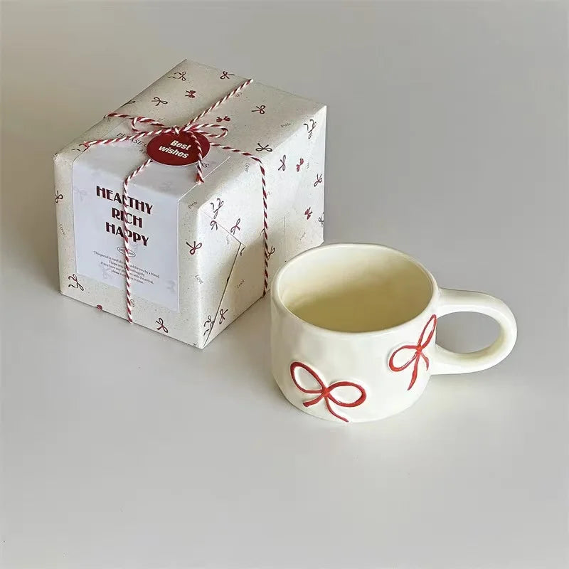 Handmade Pink Bow Ceramic Mug – 350ml Irregular Artistic Coffee Cup, Cute Gift Water Cup for Women