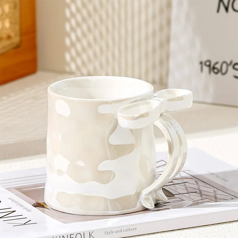 Kawaii Pearl Glazed Ceramic Mug with Bow Handle, 350ml Coffee Milk Tea Cup, Valentine's Day Gift, Gift Box Packaging