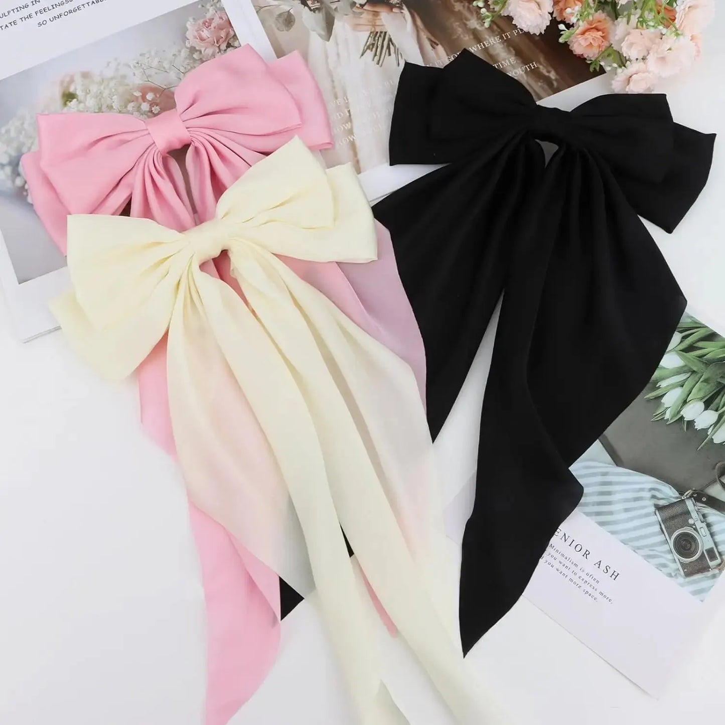 3Pcs Large Satin Ribbon Bow Hair Clips – Elegant Solid Color Hair Accessories for Women