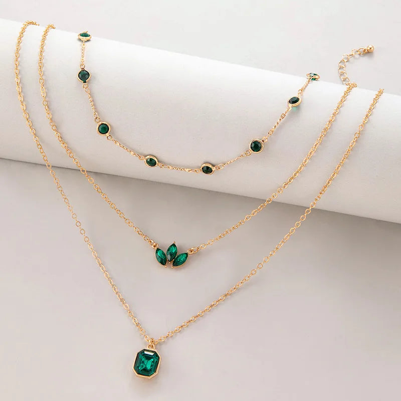 Tocona Luxury Leaf Grass Green Crystal Stone Layered Necklace – Adjustable Alloy Jewelry for Women