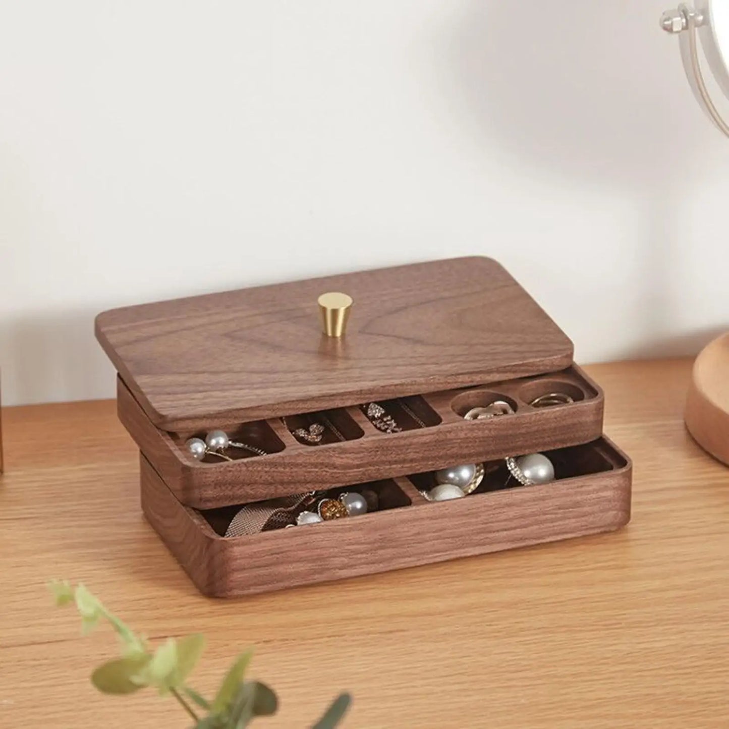 Wooden 2-Tier Jewelry Organizer – Smooth Solid Wood Storage Box for Women’s Earrings, Necklaces, and Watches