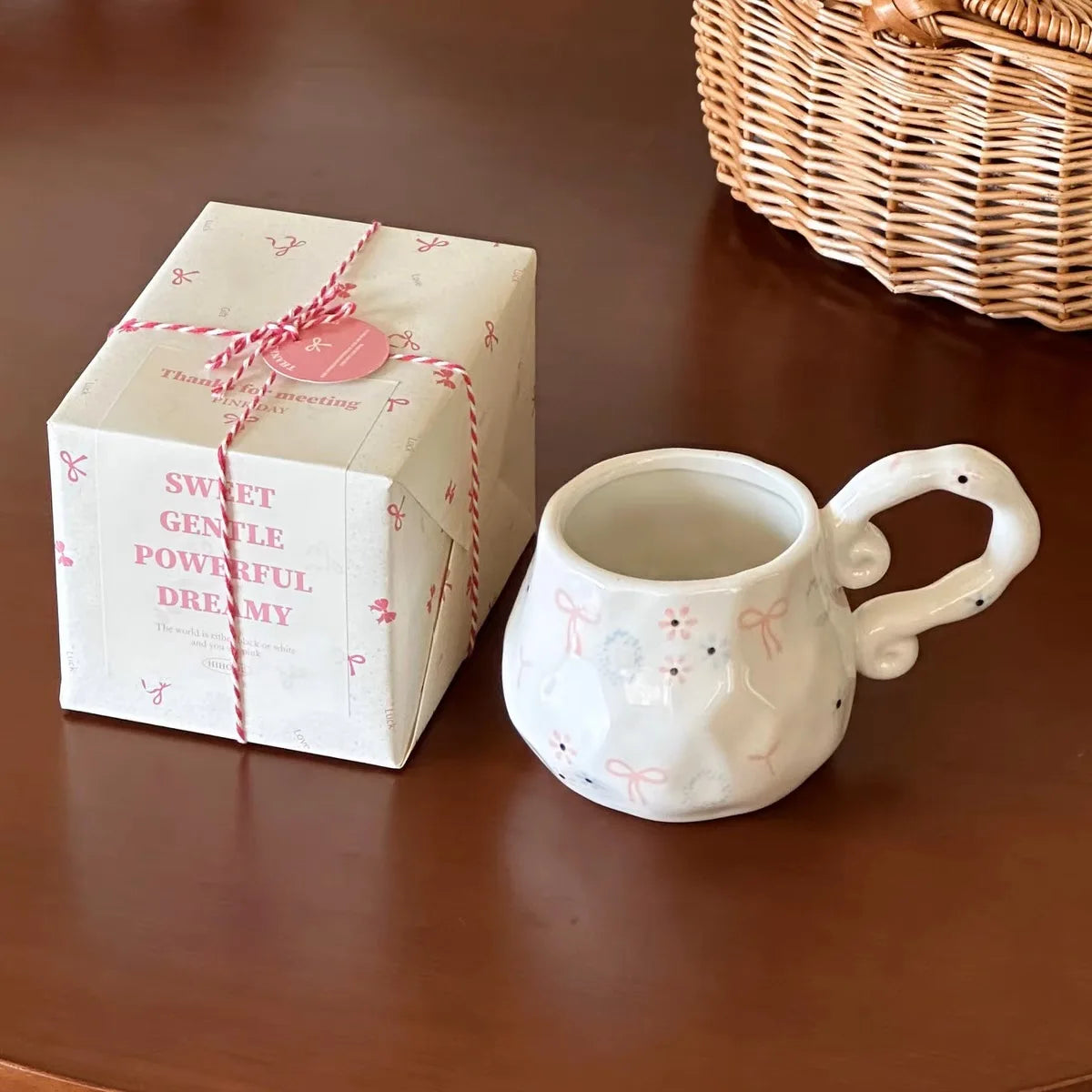 Handmade Pink Bow Ceramic Mug – 350ml Irregular Artistic Coffee Cup, Cute Gift Water Cup for Women