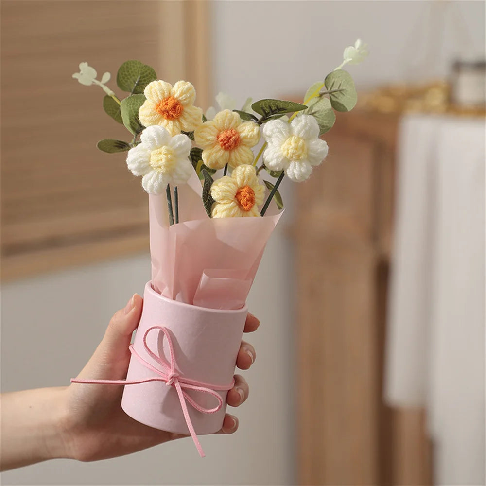5PCS Knitted Flowers Puff Bucket Bouquet – Woolen Handcrafted Flowers for Valentine’s Day, Weddings, and Gifts