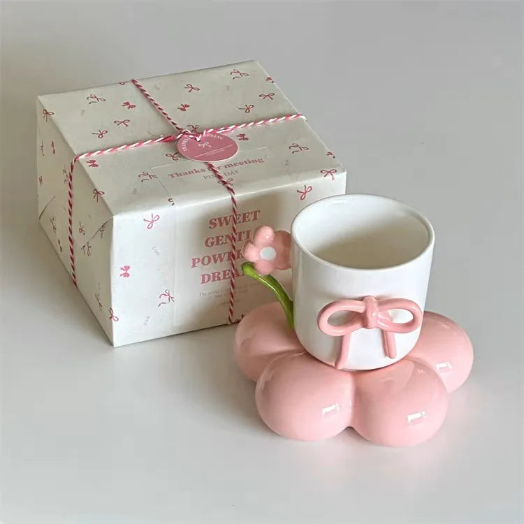 Handmade Pink Bow Ceramic Mug – 350ml Irregular Artistic Coffee Cup, Cute Gift Water Cup for Women