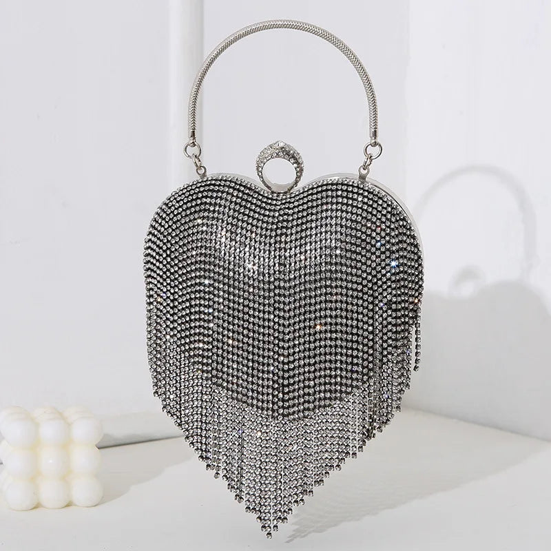 Rhinestone Heart Pattern Evening Bag – Silver Handbag with Tassel & Diamond Details for Weddings, Proms, and Banquets