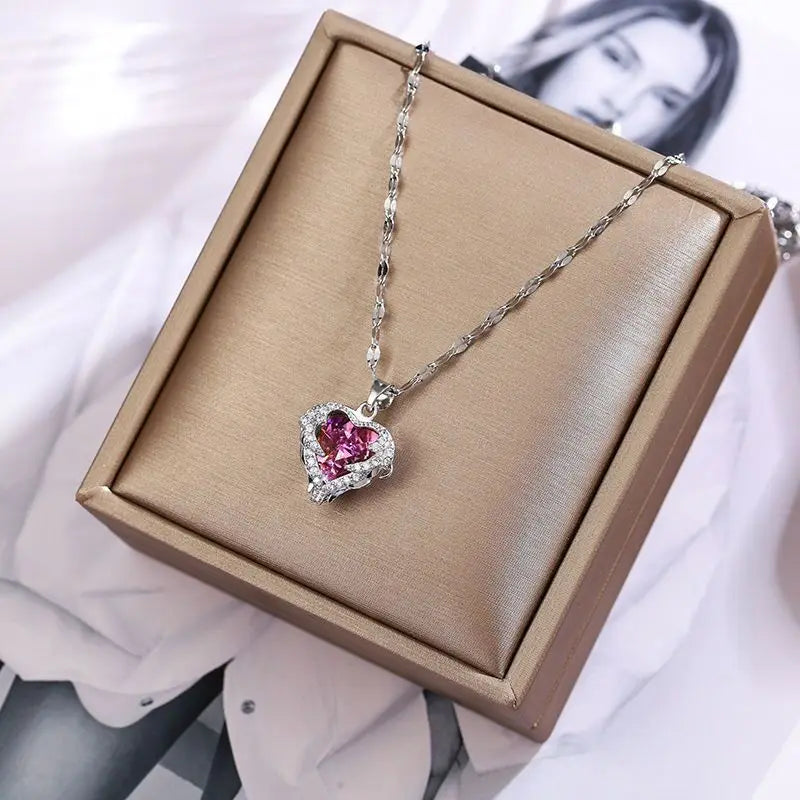 Luxury Colorful Crystal Ocean Heart Pendant Necklace – Trendy 316L Stainless Steel Jewelry for Women