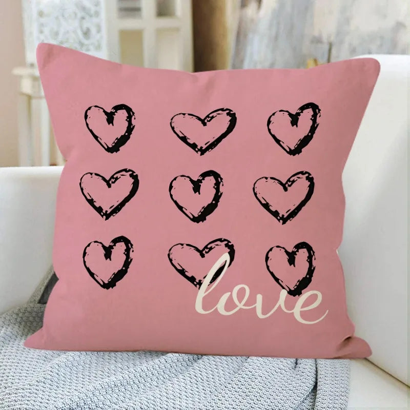 Valentine’s Day Pink Heart Print Pillowcase – Polyester Cushion Cover with Zipper for Home Decor