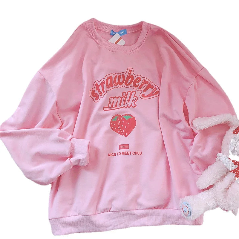 Kawaii Strawberry Pink Sweatshirt – Fleece Women’s Hoodie