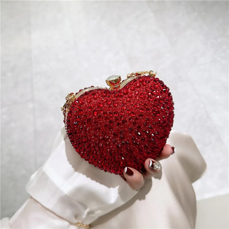 Luxury Heart-Shaped Crystal Clutch Purse – Rhinestone Evening Wedding Party Mini Handbag with Chain Handle