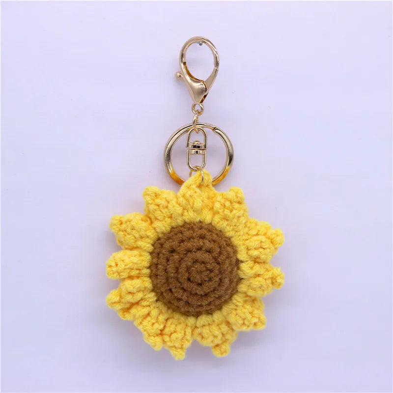 Handmade Knitted Sunflower Keychain – Cute Crocheted Flower Pendant for Women and Girls