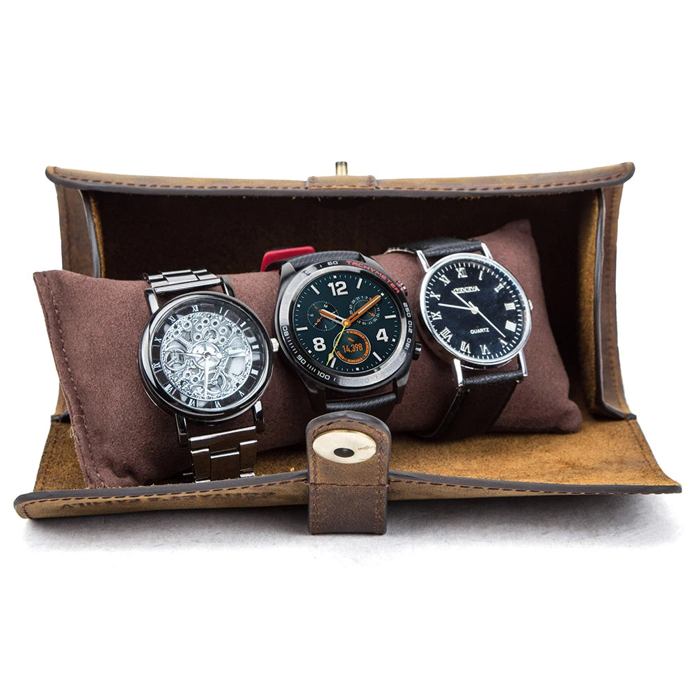 Handmade Leather Watch Roll Organizer - 3 Slots Travel Case for Men and Women
