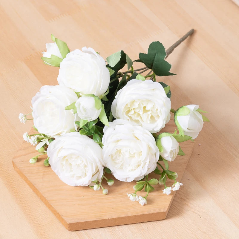 Kahaul Artificial Rose & Peony Silk Flower Bouquet – White Faux Flowers for Wedding, Home, and Party Decor