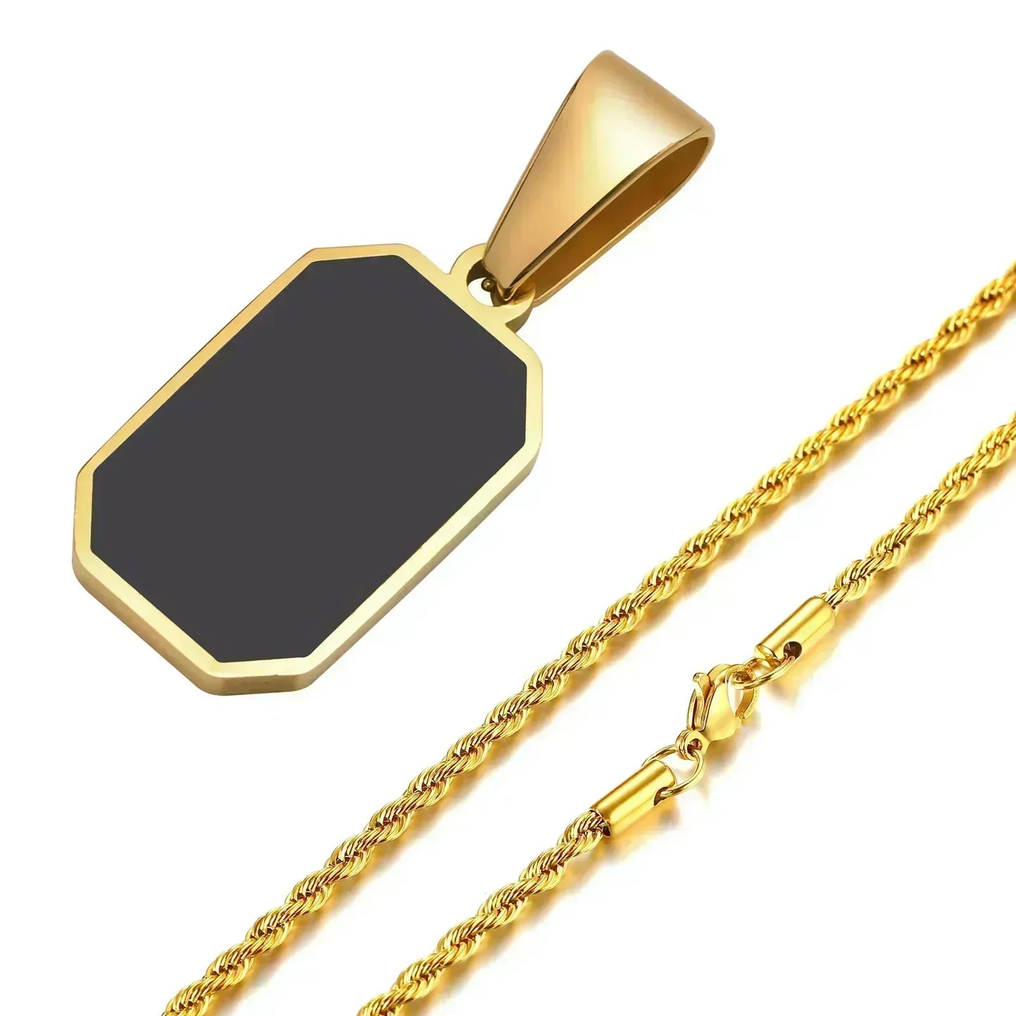 Gold Geometric Square Necklace for Men – Black Enamel Rectangle Pendant Stainless Steel Chain