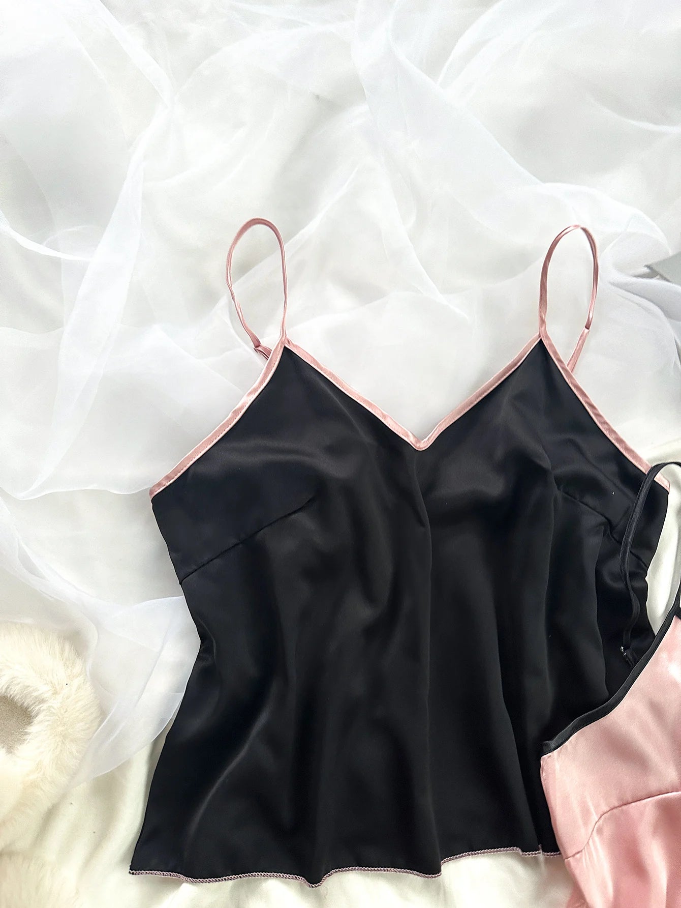 Luxurious Women’s Satin Pajama Set – V-Neck Ruffle Top & Bow Shorts