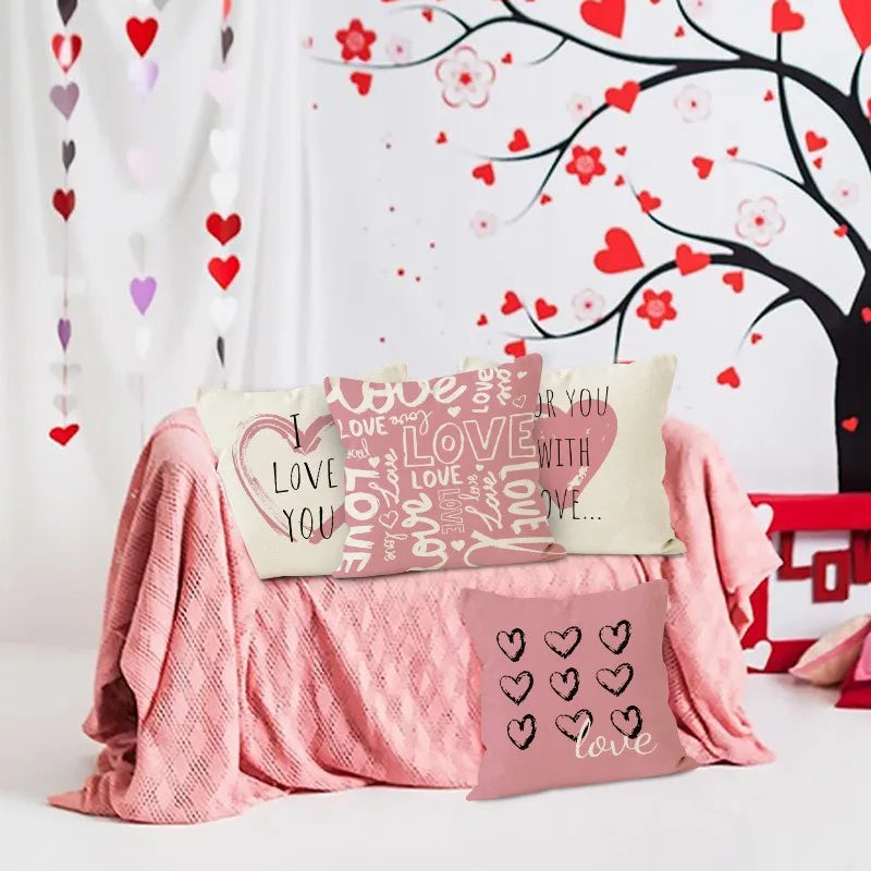 Valentine’s Day Pink Heart Print Pillowcase – Polyester Cushion Cover with Zipper for Home Decor