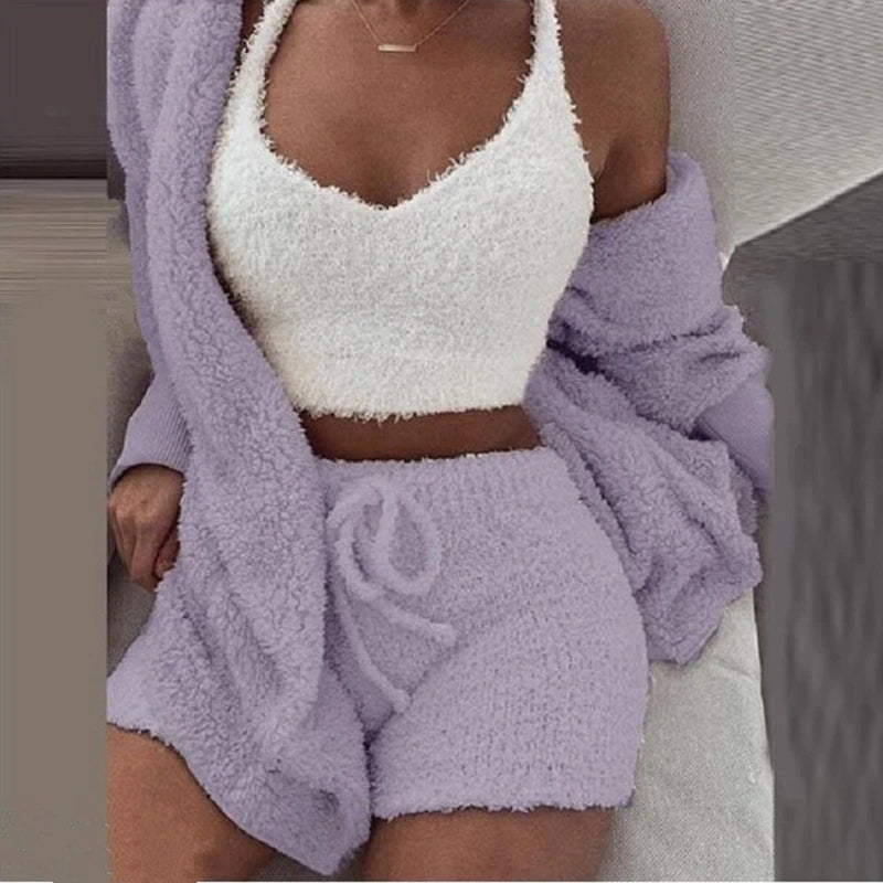 Fluffy Pajamas Set for Women – 3-Piece Winter Lounge Set with Tank Top, Shorts, and Hoodie