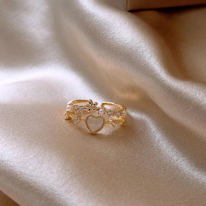 Gold plated simple double love crystal ring elegant women's daily opening ring accessories