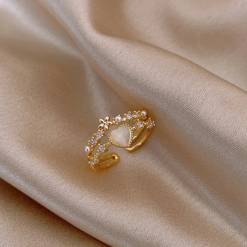 Gold plated simple double love crystal ring elegant women's daily opening ring accessories