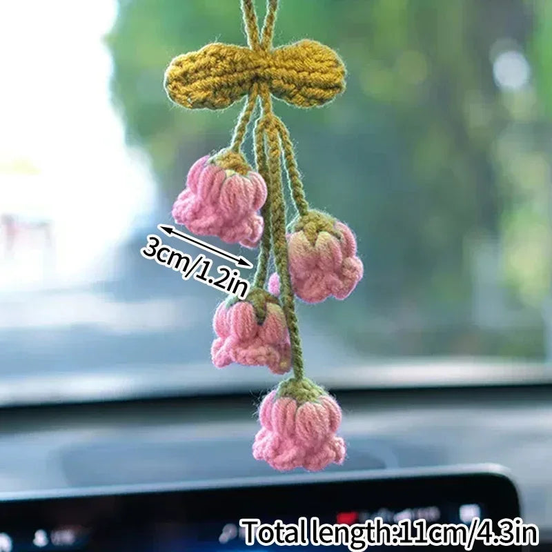 Crochet Flower Plant Keychain – Artificial Knitted Flower Hanging Decoration for Weddings, Gifts, and Car Pendants