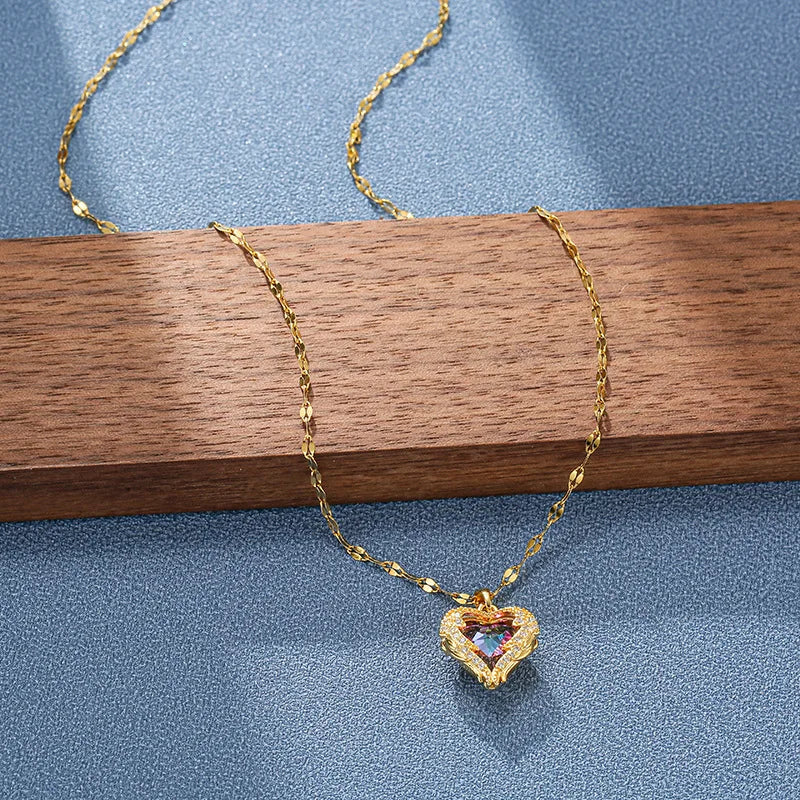 Luxury Colorful Crystal Ocean Heart Pendant Necklace – Trendy 316L Stainless Steel Jewelry for Women