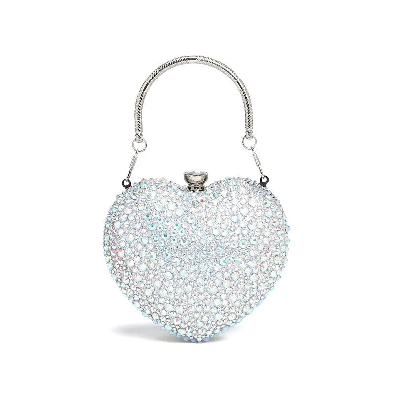 Luxury Heart-Shaped Crystal Clutch Purse – Rhinestone Evening Wedding Party Mini Handbag with Chain Handle