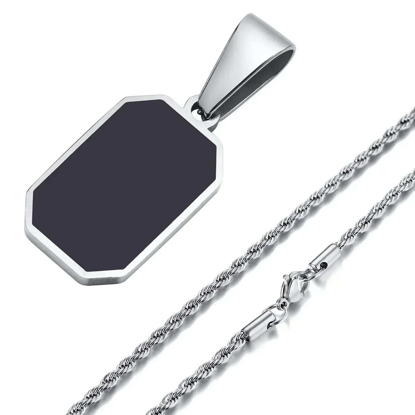 Gold Geometric Square Necklace for Men – Black Enamel Rectangle Pendant Stainless Steel Chain