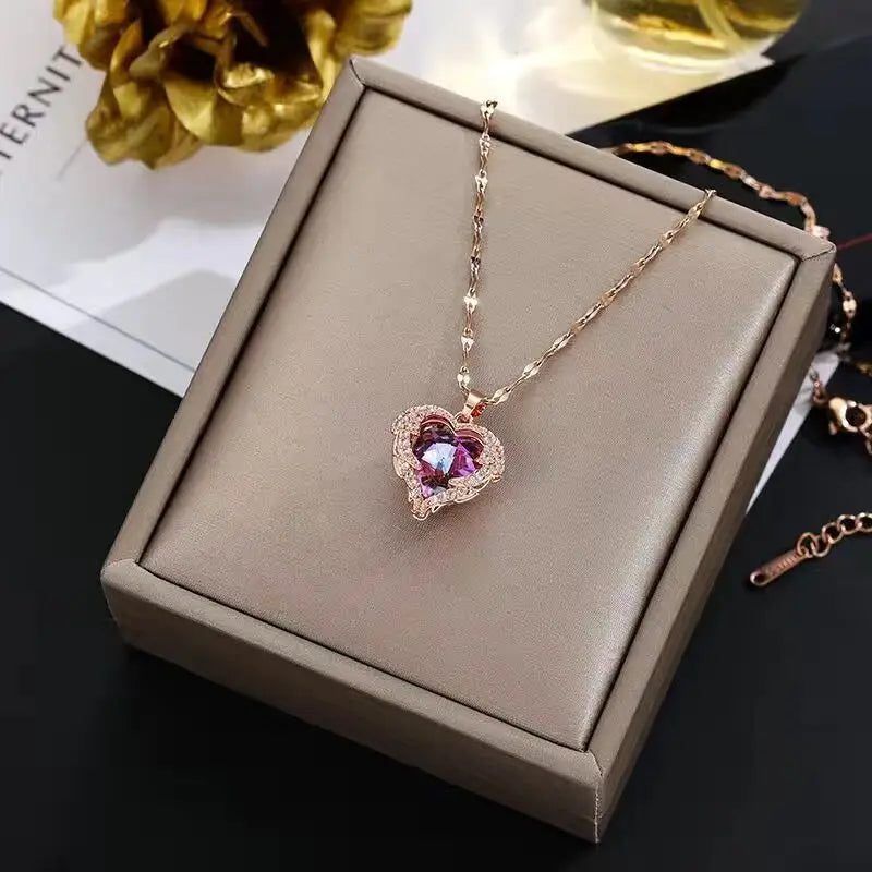 Luxury Colorful Crystal Ocean Heart Pendant Necklace – Trendy 316L Stainless Steel Jewelry for Women