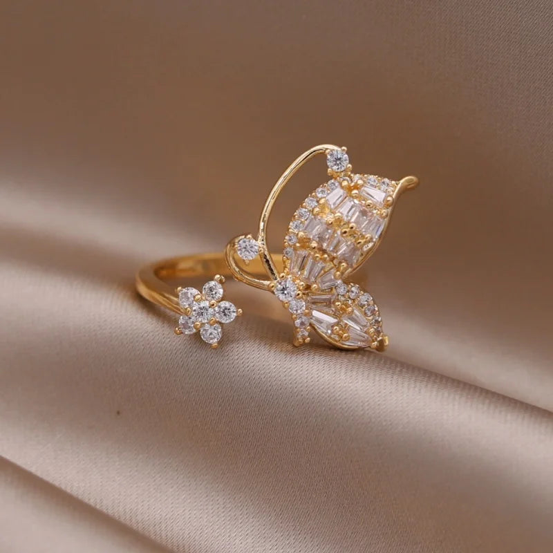 Gold plated simple double love crystal ring elegant women's daily opening ring accessories