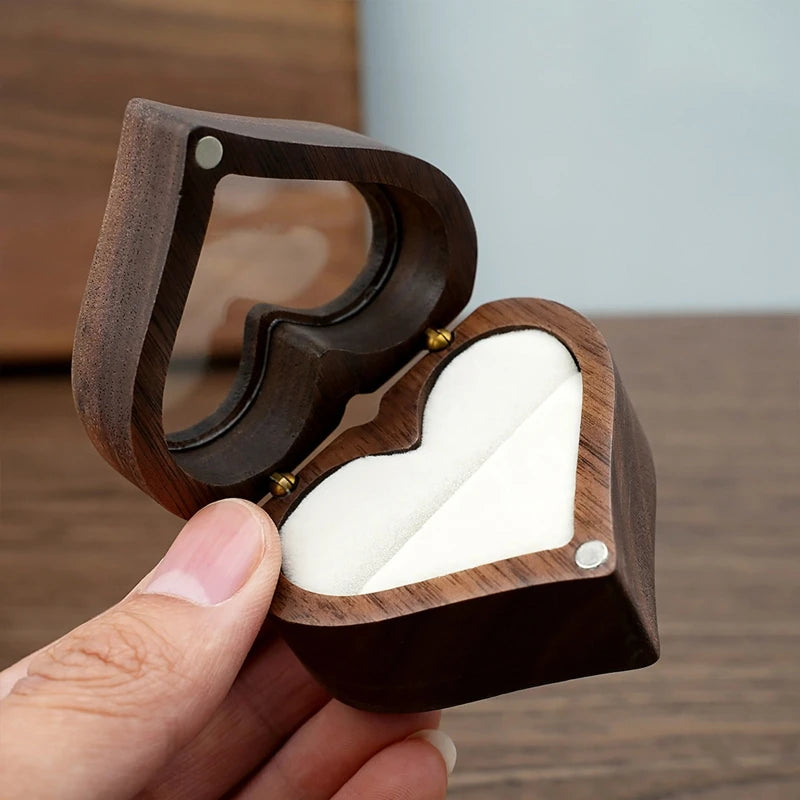 Heart-Shaped Transparent Walnut Ring Box