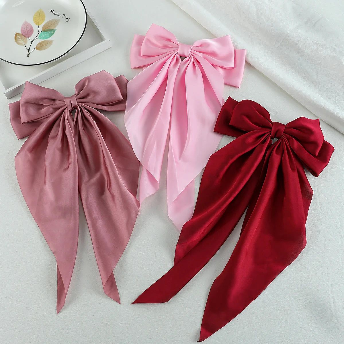 3Pcs Large Satin Ribbon Bow Hair Clips – Elegant Solid Color Hair Accessories for Women