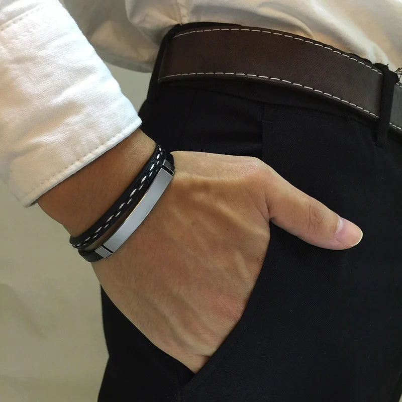 Vnox Unique Sew Lines Genuine Leather Bracelet for Men & Women – Stainless Steel Bar Double Layered Bangle, Casual Pulseira
