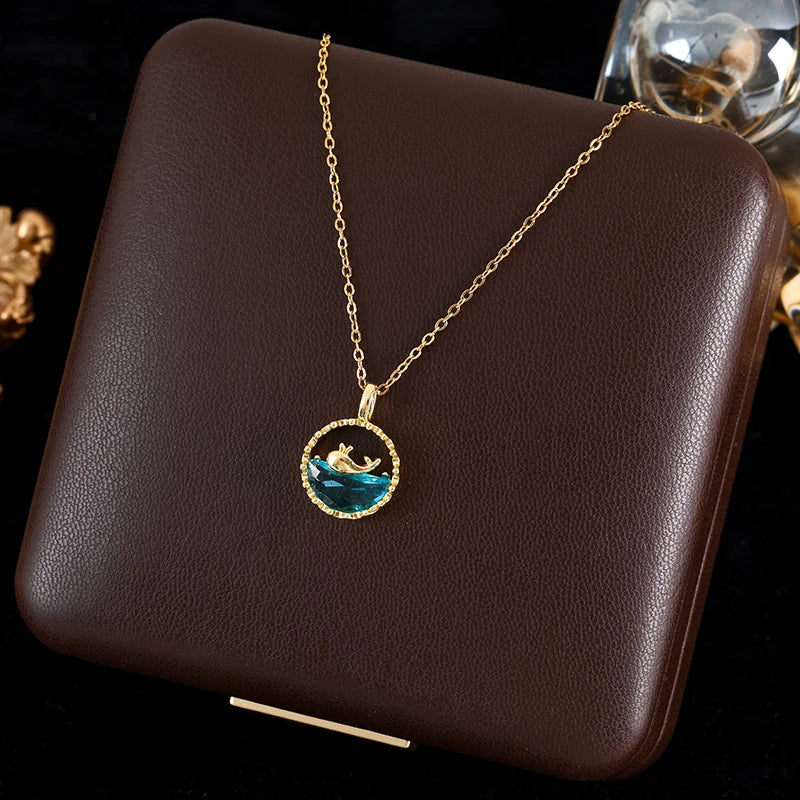 GANEMLY 316L Stainless Steel Clover Pendant Necklace – Green Crystal 2-Layer Chain for Women’s Trendy Luxury Jewelry