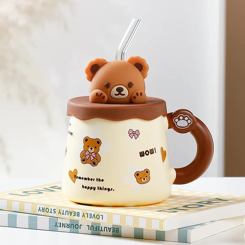 Adorable Bear Ceramic Mug with Lid and Straw – Large Capacity Coffee and Milk Cup for Home and Office