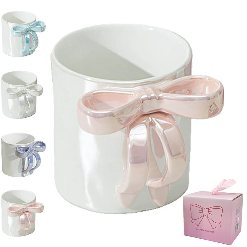 Kawaii Pearl Glazed Ceramic Mug with Bow Handle, 350ml Coffee Milk Tea Cup, Valentine's Day Gift, Gift Box Packaging