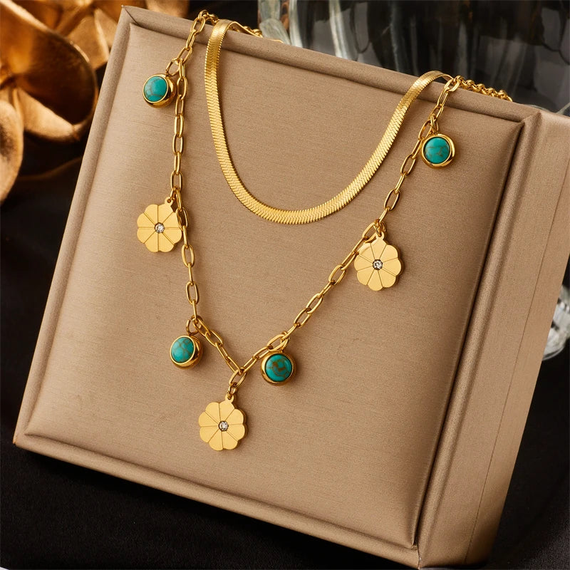 DIEYURO 316L Stainless Steel 2-Layer Necklace – Green Stone Flower Pendant for Women’s Fashion Jewelry