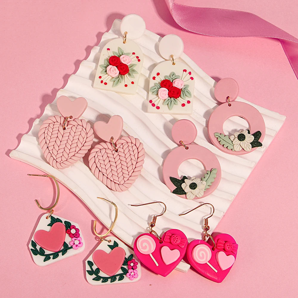 Polymer Clay Heart Earrings for Women – Handmade Valentine's Day Gift, Flower & Heart Drop Earrings
