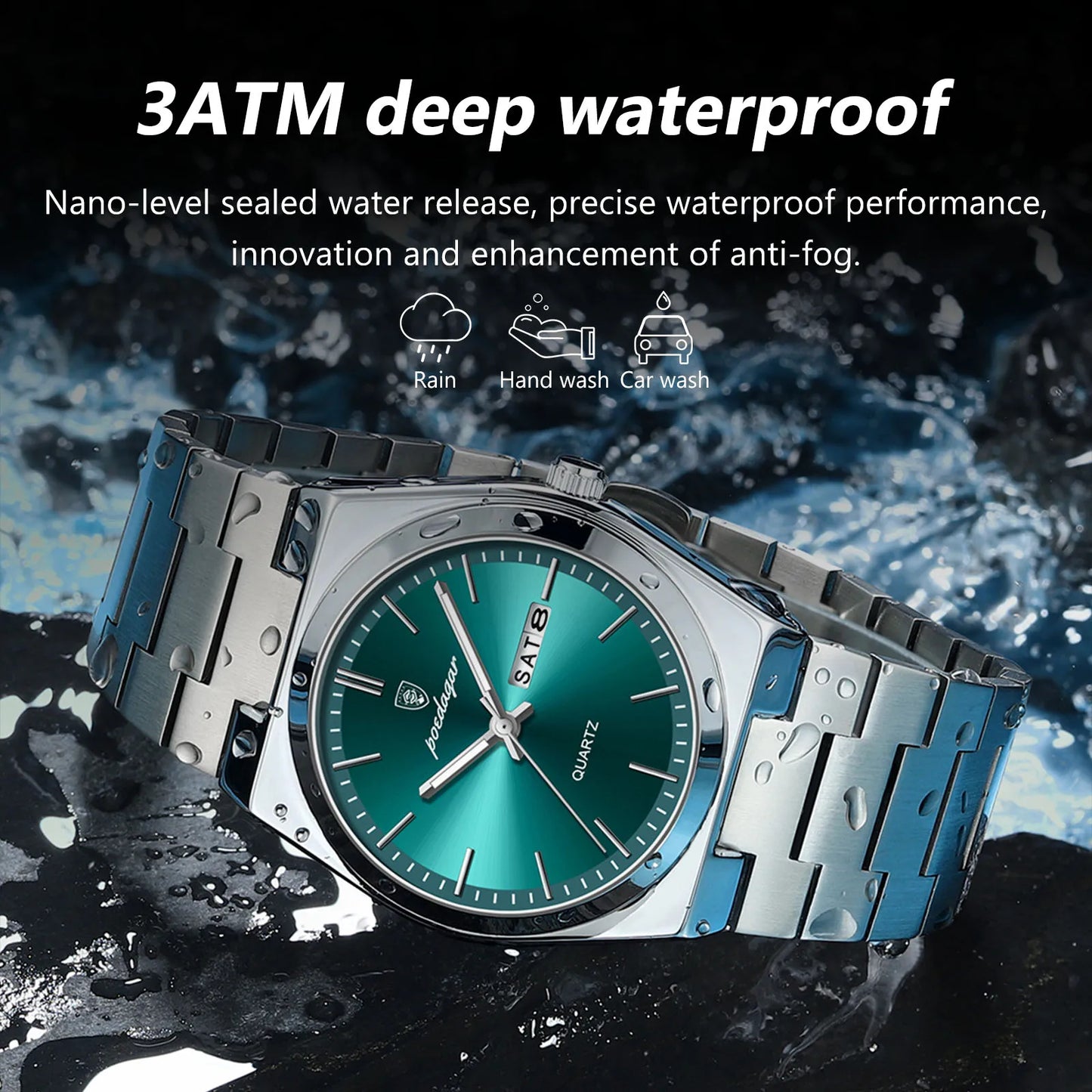 POEDAGAR Luxury Quartz Wristwatch for Men – Waterproof Stainless Steel Sport Watch with Luminous Hands, Date & Week Display, Gift Box Included