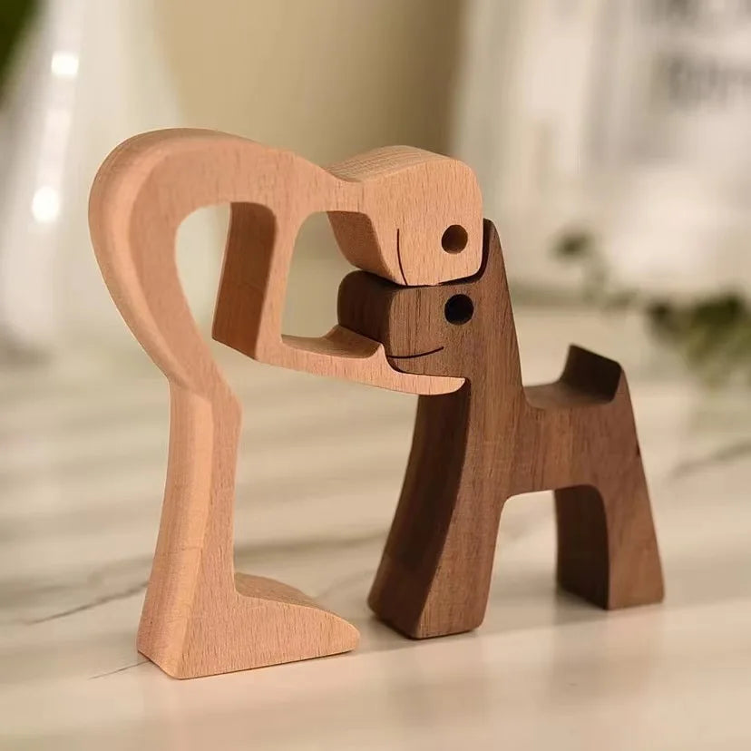 Family Puppy Wood Figurine – Hand-Carved Dog Craft for Home Decor and Gifts