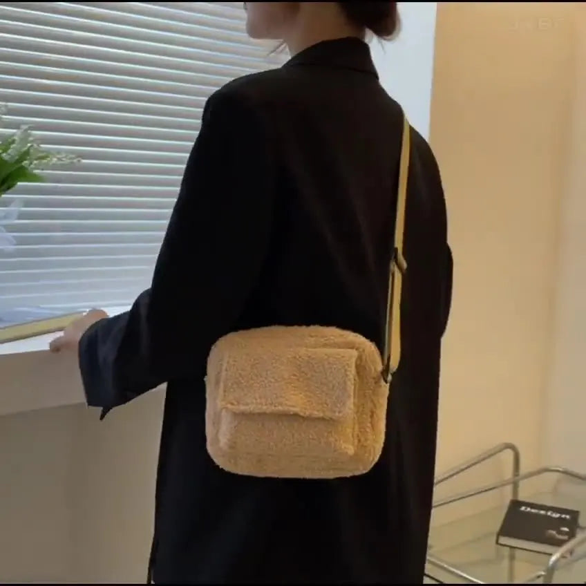 Plush Fabric Shoulder Crossbody Bag – Small Fashion Lamb Wool Fluffy Winter Handbag