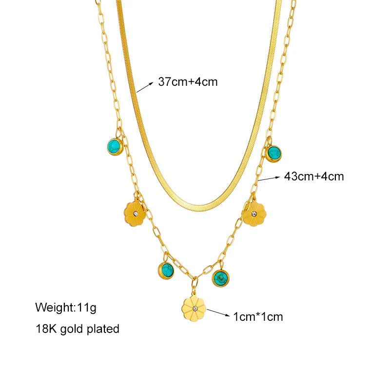 DIEYURO 316L Stainless Steel 2-Layer Necklace – Green Stone Flower Pendant for Women’s Fashion Jewelry