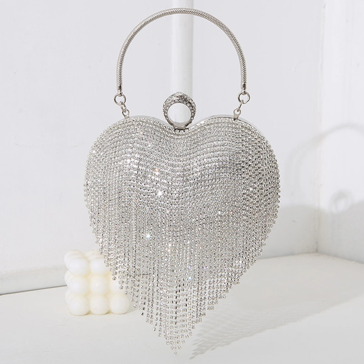 Rhinestone Heart Pattern Evening Bag – Silver Handbag with Tassel & Diamond Details for Weddings, Proms, and Banquets