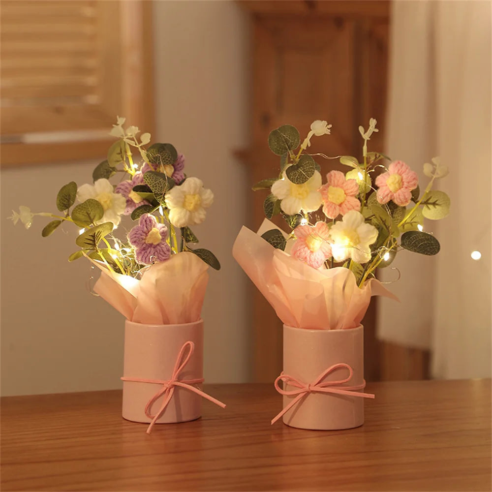 5PCS Knitted Flowers Puff Bucket Bouquet – Woolen Handcrafted Flowers for Valentine’s Day, Weddings, and Gifts